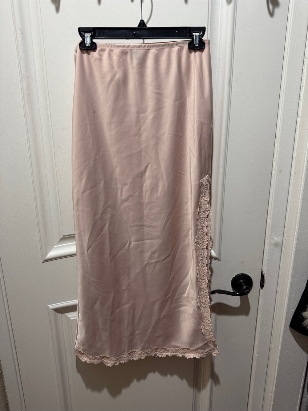wild fable Blush Pink Satin Midi Slip Skirt with Lace Trim